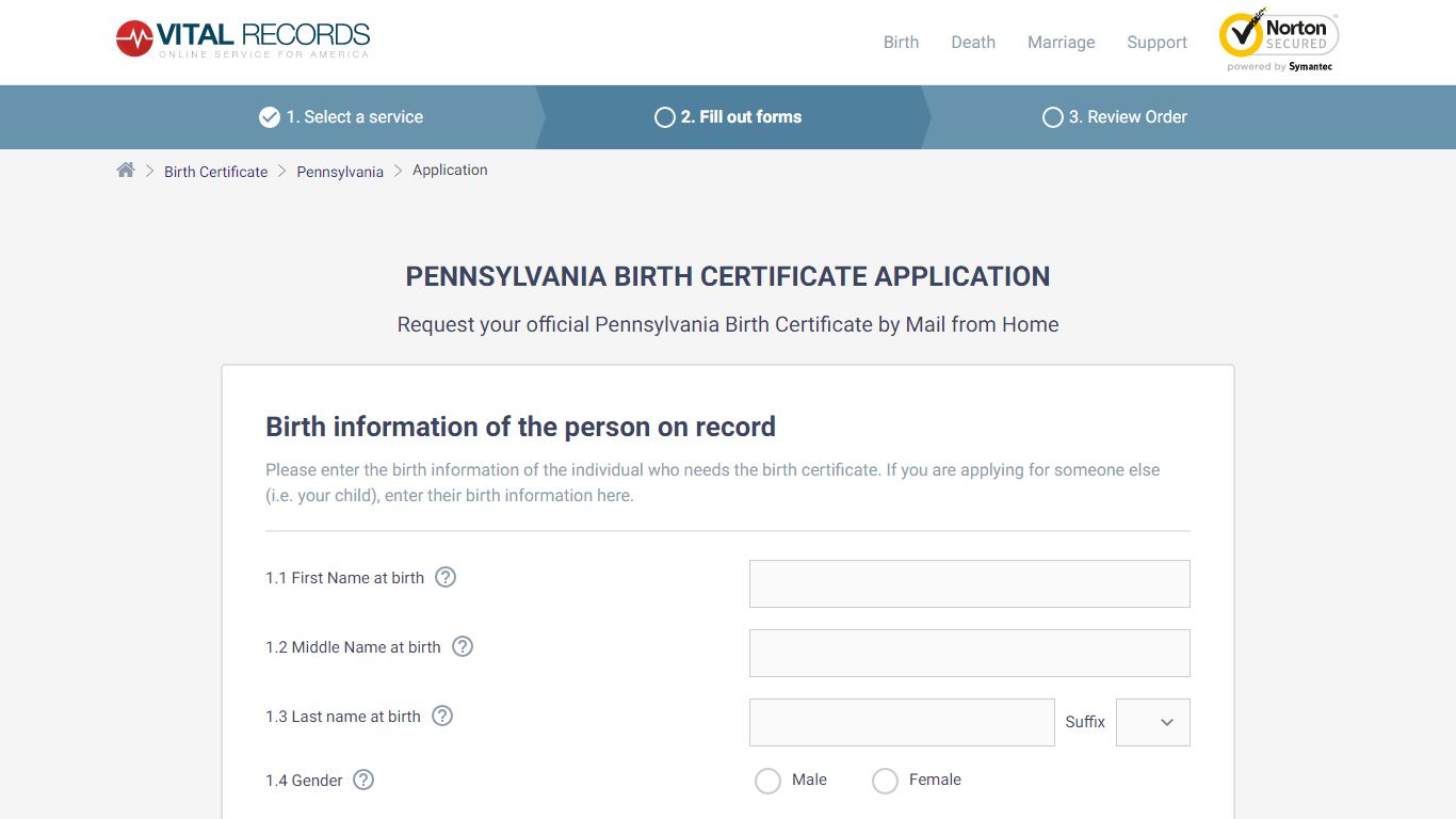 Pennsylvania Birth Certificate Application - Vital Records Online